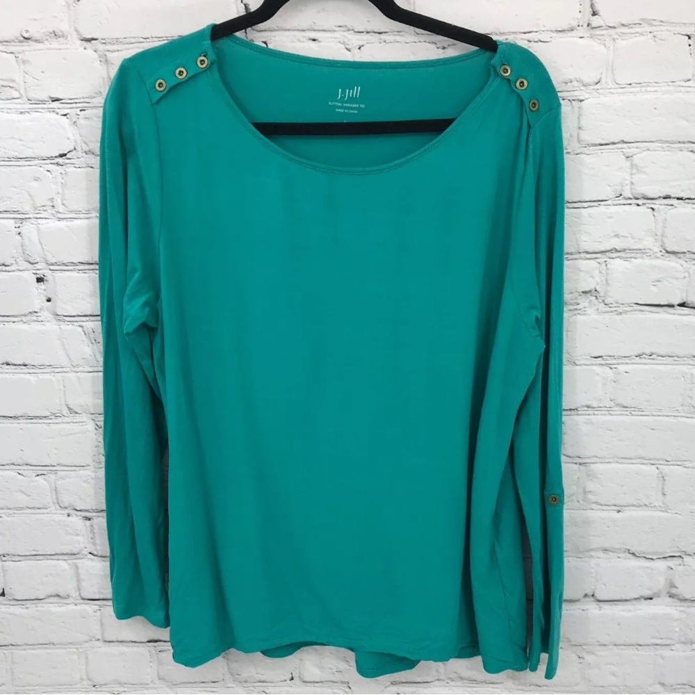 J. Jill Button Shoulder Tee Teal Medium Long Sleeve Blouse